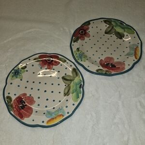 Pioneer Woman Floral Polka Dot Ceramic Dinner Plates  Set Of 2